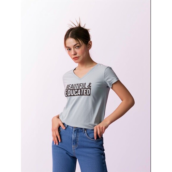 Women's "Beautiful & Educated" V-Neck Graphic T-Shirt - Large - Picture 1 of 3